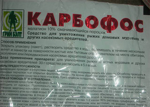 Σύμφωνα με τις οδηγίες, η σκόνη Karbofos πρέπει να αραιωθεί με νερό πριν από τη χρήση.